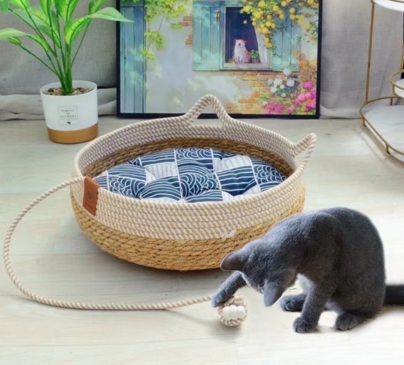 Cat Bed, Cat Scratch Pad Nest, Comfortable Woven with Removable Cushion Cat