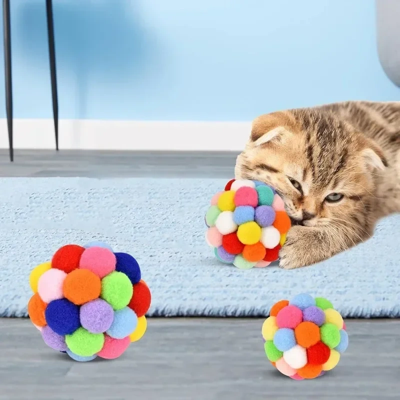 Pet Toys with Bells Plush Pom-poms for Cats and Dogs Toys Pet Elastic Bell Ball Toys Colorful Pom-poms Pet Cat Toys with Bells
