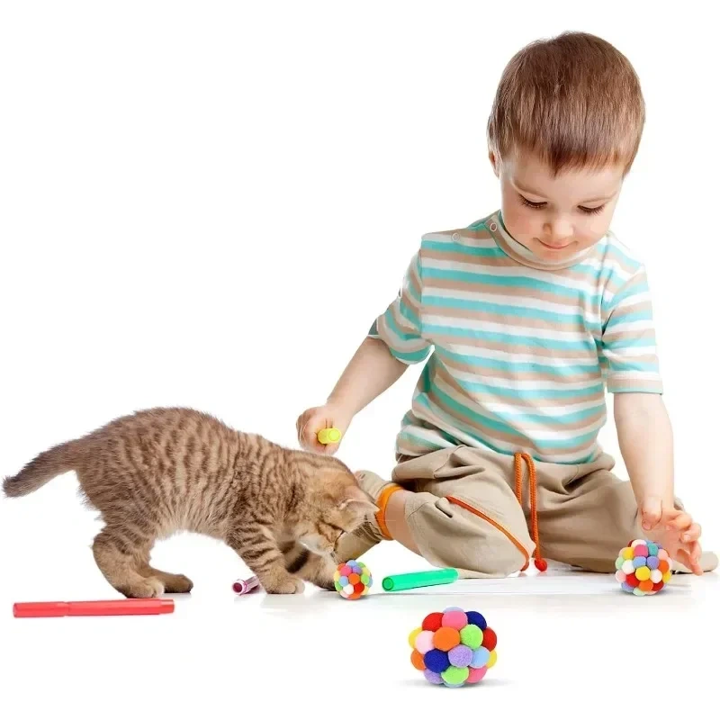 Pet Toys with Bells Plush Pom-poms for Cats and Dogs Toys Pet Elastic Bell Ball Toys Colorful Pom-poms Pet Cat Toys with Bells