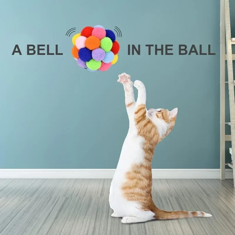 Pet Toys with Bells Plush Pom-poms for Cats and Dogs Toys Pet Elastic Bell Ball Toys Colorful Pom-poms Pet Cat Toys with Bells