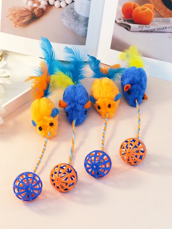 A stuffed mouse with a string sounding bell ball teases the Cat Mouse Cat Toy Feather Mouse Cat self-hi toy
