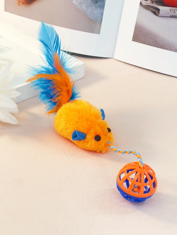 A stuffed mouse with a string sounding bell ball teases the Cat Mouse Cat Toy Feather Mouse Cat self-hi toy