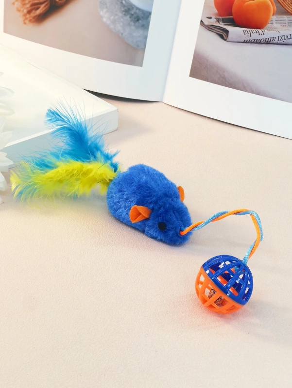A stuffed mouse with a string sounding bell ball teases the Cat Mouse Cat Toy Feather Mouse Cat self-hi toy