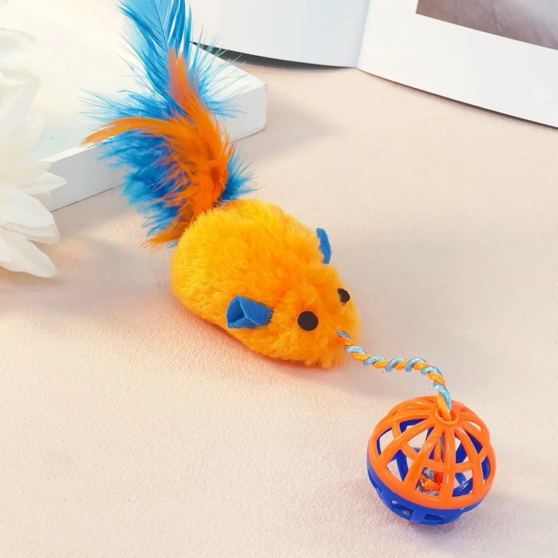 A stuffed mouse with a string sounding bell ball teases the Cat Mouse Cat Toy Feather Mouse Cat self-hi toy