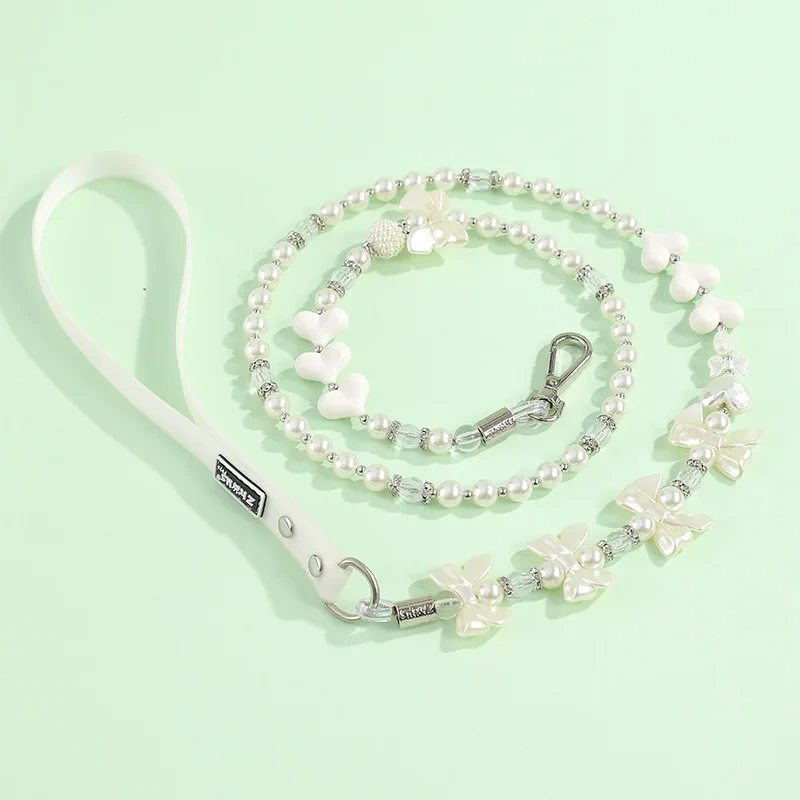 Pet Collar Pet Leash PU Leather Delicate Imitation Pearl Dog Pearl Collars Built in Wire Rope for Dog Cat Collar Chain Leash