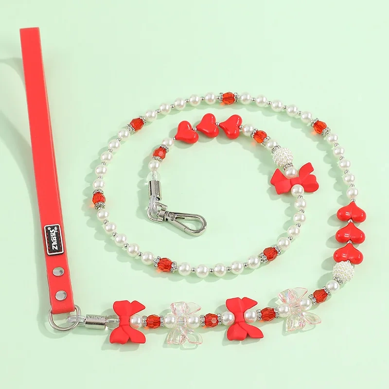 Pet Collar Pet Leash PU Leather Delicate Imitation Pearl Dog Pearl Collars Built in Wire Rope for Dog Cat Collar Chain Leash