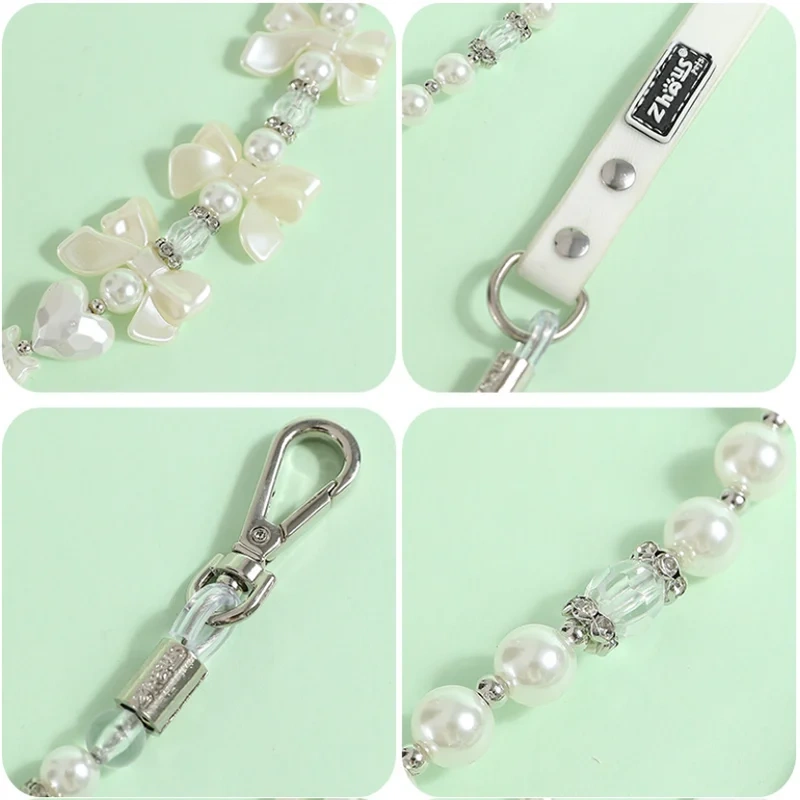 Pet Collar Pet Leash PU Leather Delicate Imitation Pearl Dog Pearl Collars Built in Wire Rope for Dog Cat Collar Chain Leash