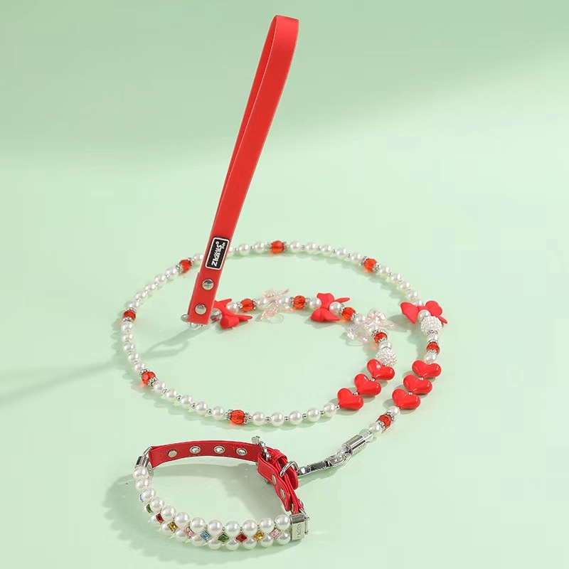 Pet Collar Pet Leash PU Leather Delicate Imitation Pearl Dog Pearl Collars Built in Wire Rope for Dog Cat Collar Chain Leash