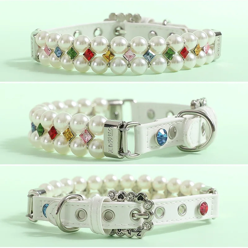 Pet Collar Pet Leash PU Leather Delicate Imitation Pearl Dog Pearl Collars Built in Wire Rope for Dog Cat Collar Chain Leash