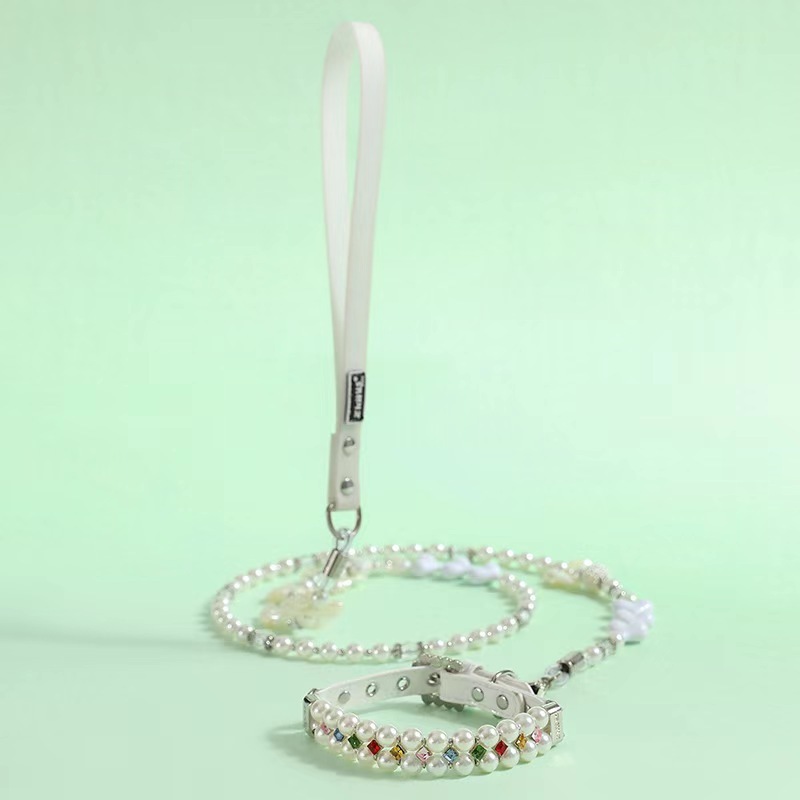 Pet Collar Pet Leash PU Leather Delicate Imitation Pearl Dog Pearl Collars Built in Wire Rope for Dog Cat Collar Chain Leash