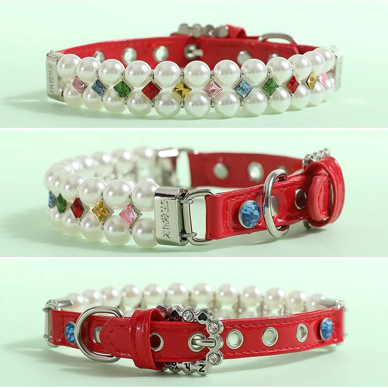 Pet Collar Pet Leash PU Leather Delicate Imitation Pearl Dog Pearl Collars Built in Wire Rope for Dog Cat Collar Chain Leash