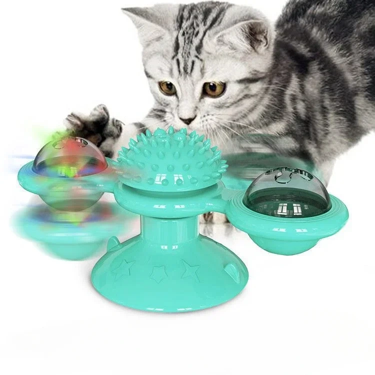 Cat Game Toy with Whirligig Turntable for Kitten Brush Teeth Windmill Cat Toy with Balls Interactive Pet Toys for Cats Puzzle