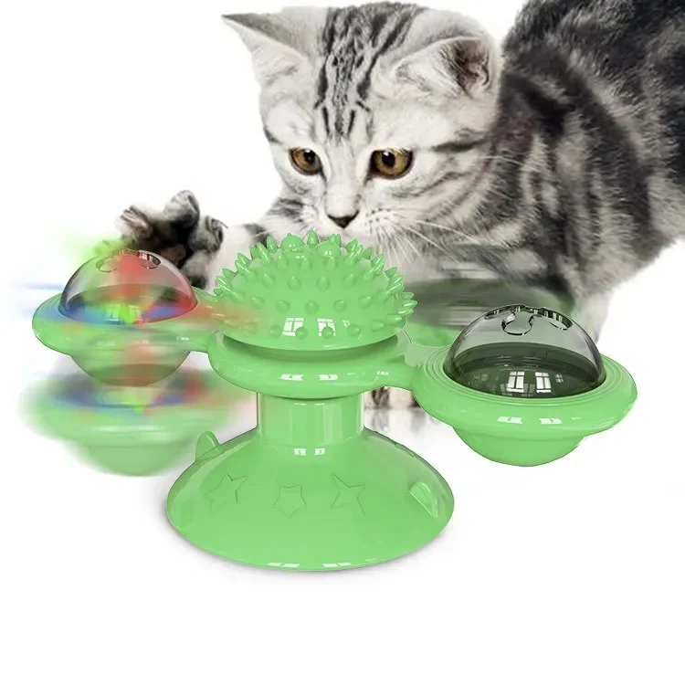 Cat Game Toy with Whirligig Turntable for Kitten Brush Teeth Windmill Cat Toy with Balls Interactive Pet Toys for Cats Puzzle