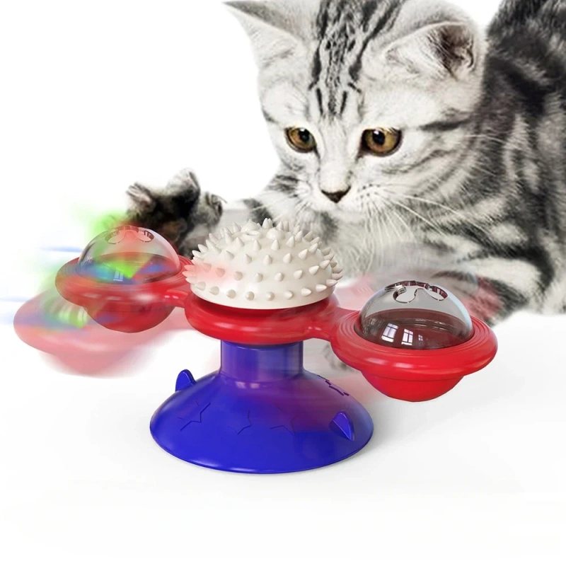 Cat Game Toy with Whirligig Turntable for Kitten Brush Teeth Windmill Cat Toy with Balls Interactive Pet Toys for Cats Puzzle