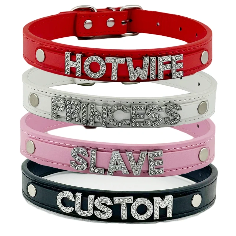 Fashion PU Leather Customized  Letters Daddy Slave Collar Sexy Rhinestone Bdsm Name Chocker Necklace Cosplay Jewelry