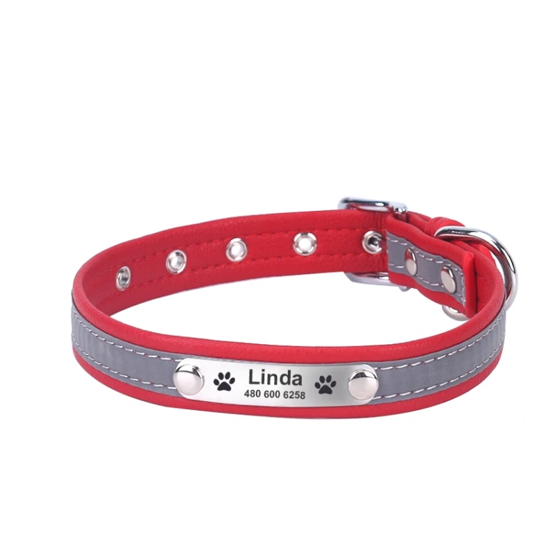Personalized Dog Collar Leather Reflective Cat Collar Custom Engraved ID Tag Engraved For Puppy Large Dogs  Pet accessories