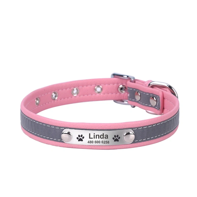 Personalized Dog Collar Leather Reflective Cat Collar Custom Engraved ID Tag Engraved For Puppy Large Dogs  Pet accessories