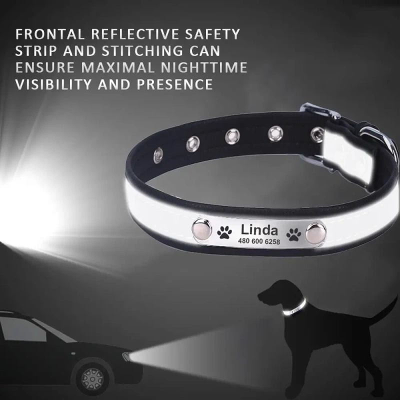 Personalized Dog Collar Leather Reflective Cat Collar Custom Engraved ID Tag Engraved For Puppy Large Dogs  Pet accessories