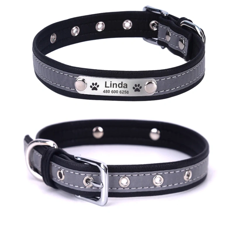 Personalized Dog Collar Leather Reflective Cat Collar Custom Engraved ID Tag Engraved For Puppy Large Dogs  Pet accessories