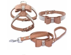 Adjustable Chest Strap With Buckle Rhinestone Soft Suede Bow Pet Dog Cat Harness Leather High Quality Pet Collar 3-Piece Set