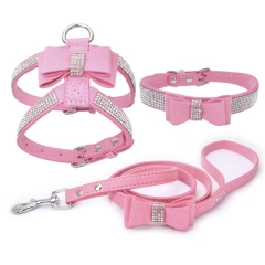 Adjustable Chest Strap With Buckle Rhinestone Soft Suede Bow Pet Dog Cat Harness Leather High Quality Pet Collar 3-Piece Set