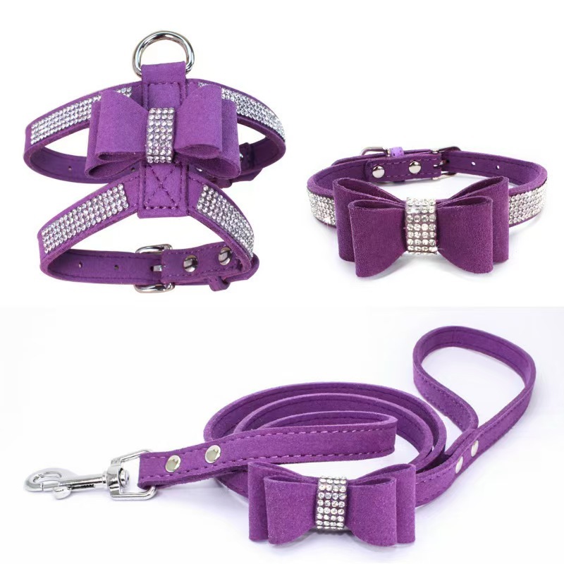 Adjustable Chest Strap With Buckle Rhinestone Soft Suede Bow Pet Dog Cat Harness Leather High Quality Pet Collar 3-Piece Set