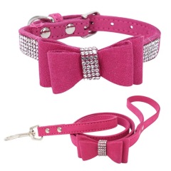 Small Medium Bling Rhinestone Suede Leather Bowknot Accessories Dog Collar Adjustable Pet Puppy Kitten Pug Necklace Collars