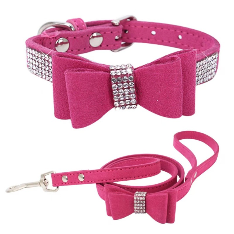 Small Medium Bling Rhinestone Suede Leather Bowknot Accessories Dog Collar Adjustable Pet Puppy Kitten Pug Necklace Collars