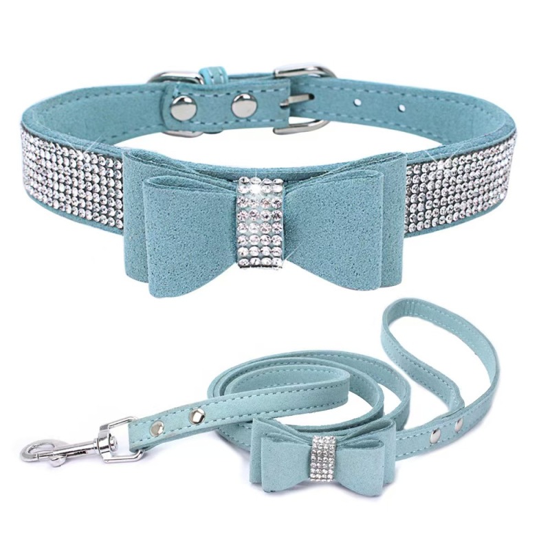 Small Medium Bling Rhinestone Suede Leather Bowknot Accessories Dog Collar Adjustable Pet Puppy Kitten Pug Necklace Collars