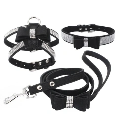 Adjustable Chest Strap With Buckle Rhinestone Soft Suede Bow Pet Dog Cat Harness Leather High Quality Pet Collar 3-Piece Set