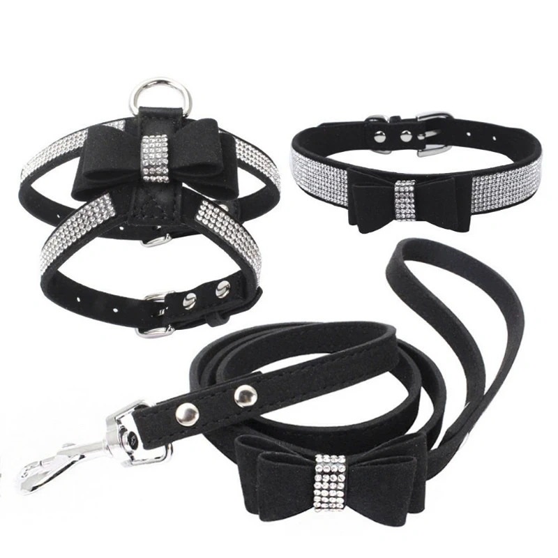Adjustable Chest Strap With Buckle Rhinestone Soft Suede Bow Pet Dog Cat Harness Leather High Quality Pet Collar 3-Piece Set