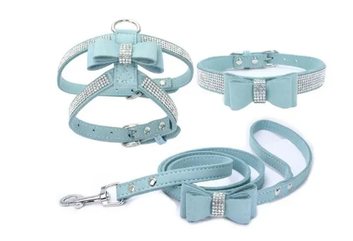 Adjustable Chest Strap With Buckle Rhinestone Soft Suede Bow Pet Dog Cat Harness Leather High Quality Pet Collar 3-Piece Set