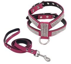 Dog Collar Adjustable Pet Products pet Necklace Dog Harness Leash Quick Release Bling Rhinestone 1 PC PU Leather