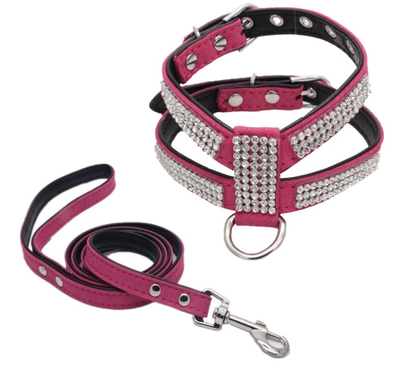 Dog Collar Adjustable Pet Products pet Necklace Dog Harness Leash Quick Release Bling Rhinestone 1 PC PU Leather