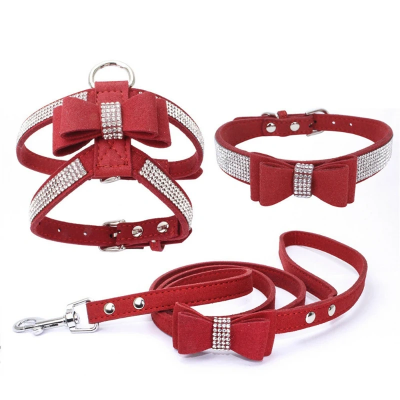 Adjustable Chest Strap With Buckle Rhinestone Soft Suede Bow Pet Dog Cat Harness Leather High Quality Pet Collar 3-Piece Set