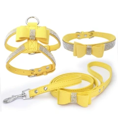 Adjustable Chest Strap With Buckle Rhinestone Soft Suede Bow Pet Dog Cat Harness Leather High Quality Pet Collar 3-Piece Set