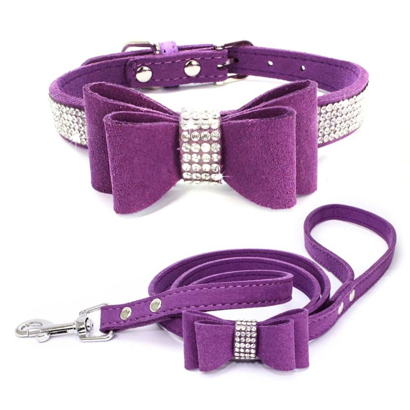 Small Medium Bling Rhinestone Suede Leather Bowknot Accessories Dog Collar Adjustable Pet Puppy Kitten Pug Necklace Collars