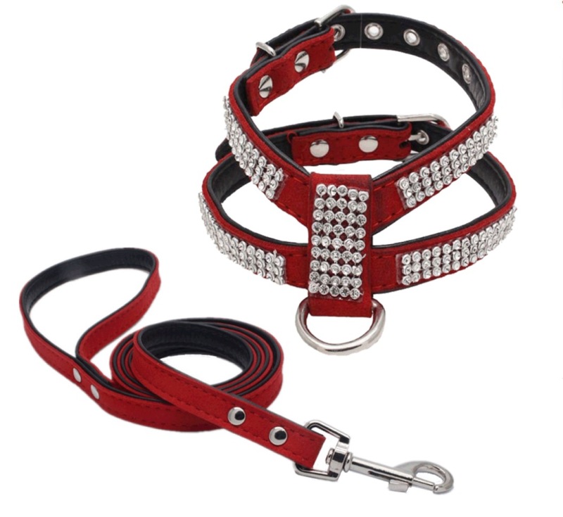 Dog Collar Adjustable Pet Products pet Necklace Dog Harness Leash Quick Release Bling Rhinestone 1 PC PU Leather