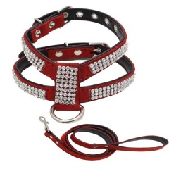 Dog Collar Adjustable Pet Products pet Necklace Dog Harness Leash Quick Release Bling Rhinestone 1 PC PU Leather