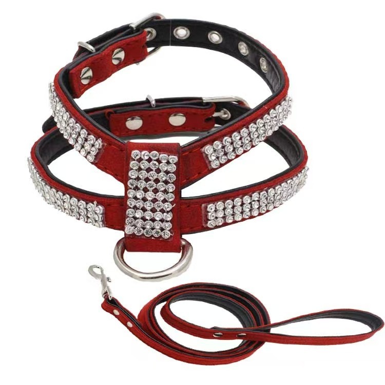 Dog Collar Adjustable Pet Products pet Necklace Dog Harness Leash Quick Release Bling Rhinestone 1 PC PU Leather