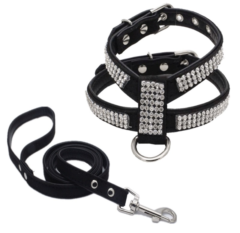Dog Collar Adjustable Pet Products pet Necklace Dog Harness Leash Quick Release Bling Rhinestone 1 PC PU Leather