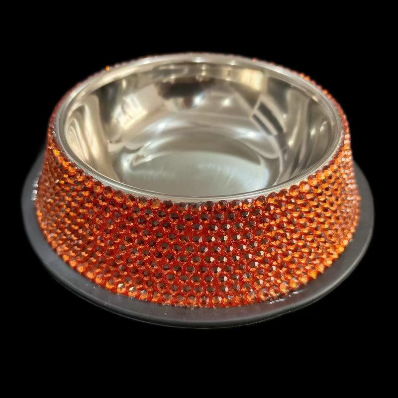Dog Bowls with Rhinestones Stainless Steel Dog Food and Water Bowls Non-Skid Rubber Base Sparkling Feeding Supplies