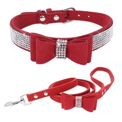 Small Medium Bling Rhinestone Suede Leather Bowknot Accessories Dog Collar Adjustable Pet Puppy Kitten Pug Necklace Collars
