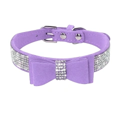 Small Medium Bling Rhinestone Suede Leather Bowknot Accessories Dog Collar Adjustable Pet Puppy Kitten Pug Necklace Collars