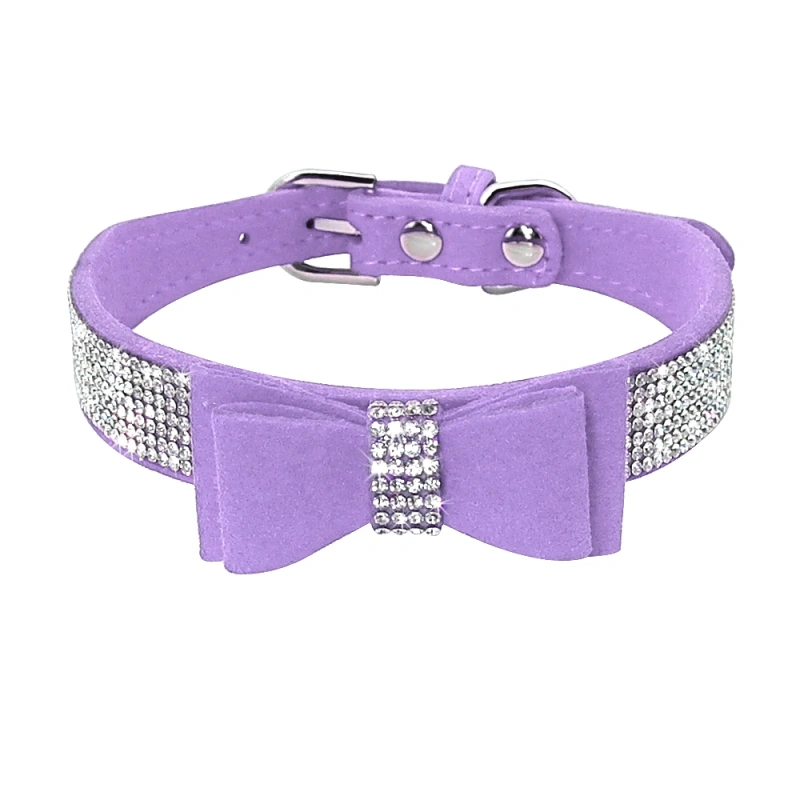 Small Medium Bling Rhinestone Suede Leather Bowknot Accessories Dog Collar Adjustable Pet Puppy Kitten Pug Necklace Collars