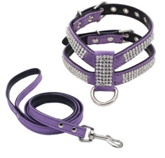 Dog Collar Adjustable Pet Products pet Necklace Dog Harness Leash Quick Release Bling Rhinestone 1 PC PU Leather