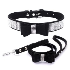 Small Medium Bling Rhinestone Suede Leather Bowknot Accessories Dog Collar Adjustable Pet Puppy Kitten Pug Necklace Collars