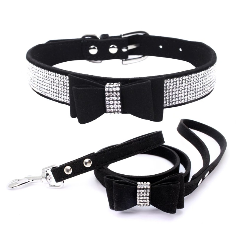 Small Medium Bling Rhinestone Suede Leather Bowknot Accessories Dog Collar Adjustable Pet Puppy Kitten Pug Necklace Collars
