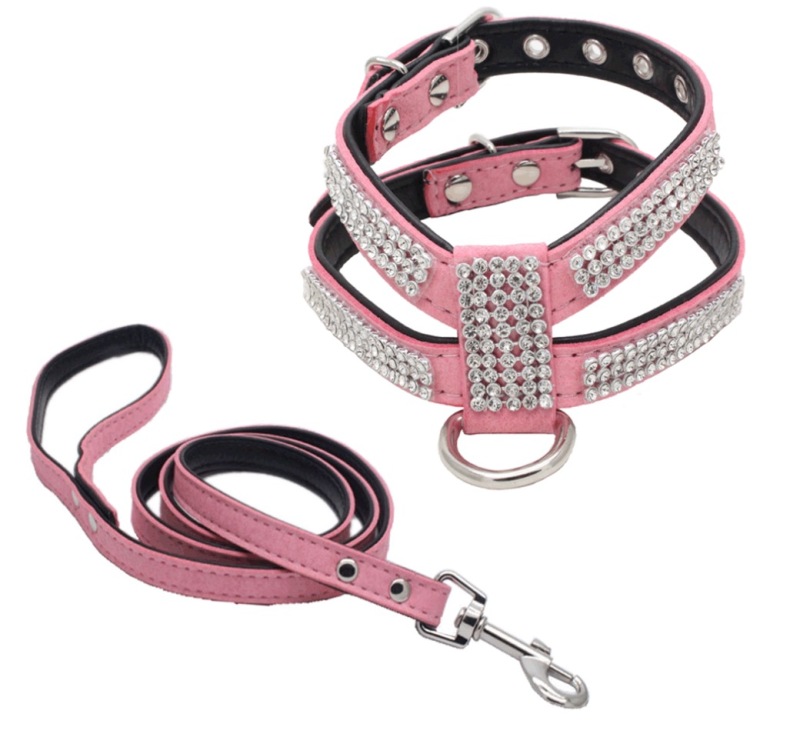 Dog Collar Adjustable Pet Products pet Necklace Dog Harness Leash Quick Release Bling Rhinestone 1 PC PU Leather