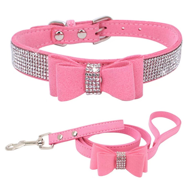 Small Medium Bling Rhinestone Suede Leather Bowknot Accessories Dog Collar Adjustable Pet Puppy Kitten Pug Necklace Collars